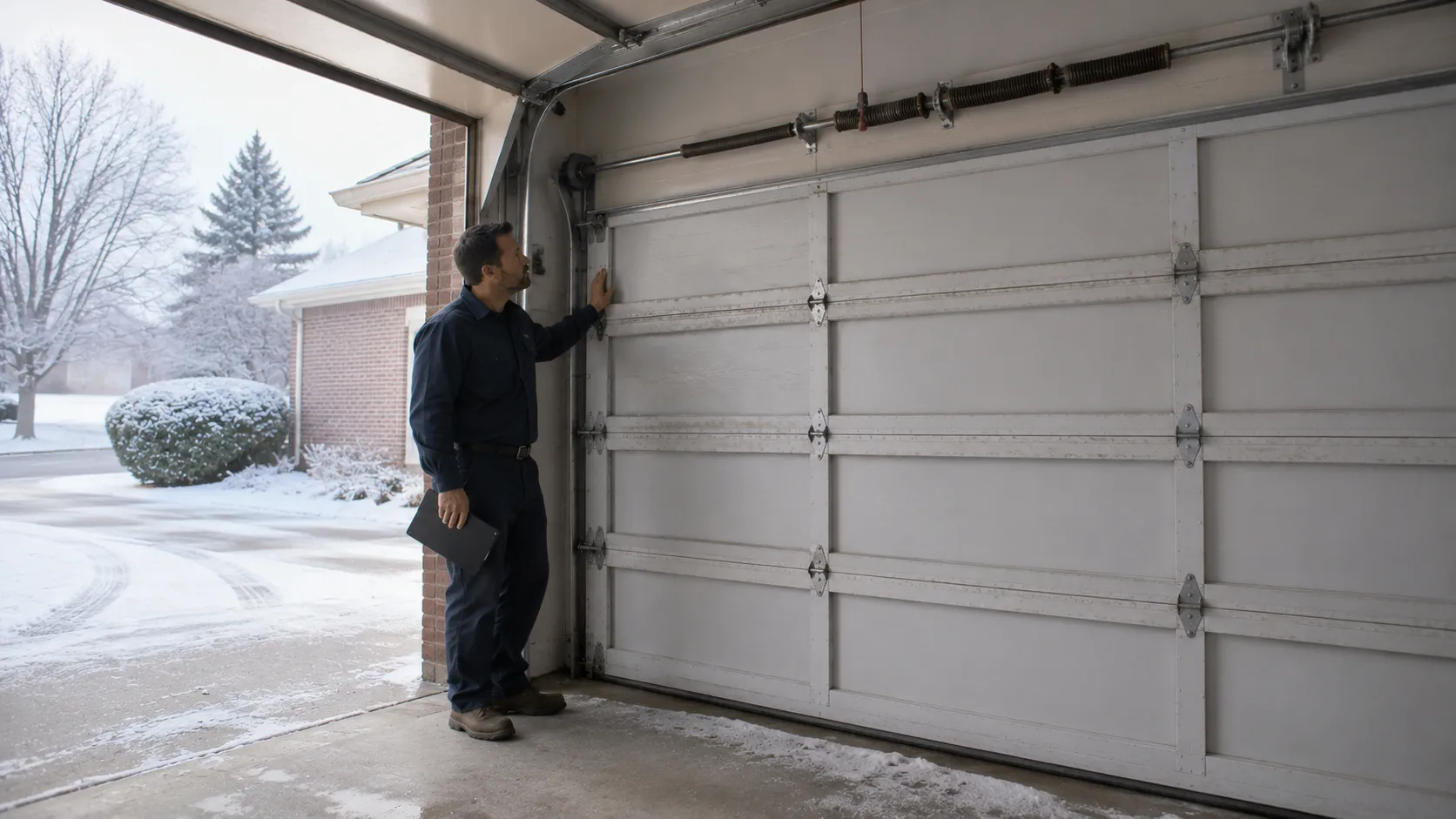 Garage door detail illustrating when a spring breaks in the cold here in fond du lac