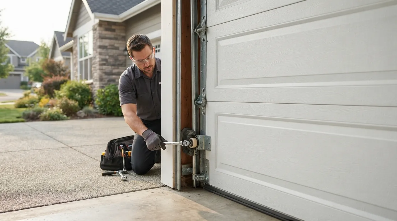 Garage door technician repairing an older residential garage door in Fond du Lac Wisconsin