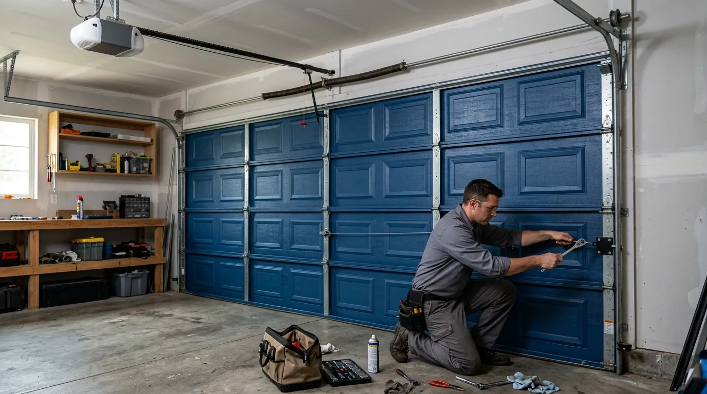 Garage door technician inspecting springs rollers tracks and opener in Fond du Lac Wisconsin